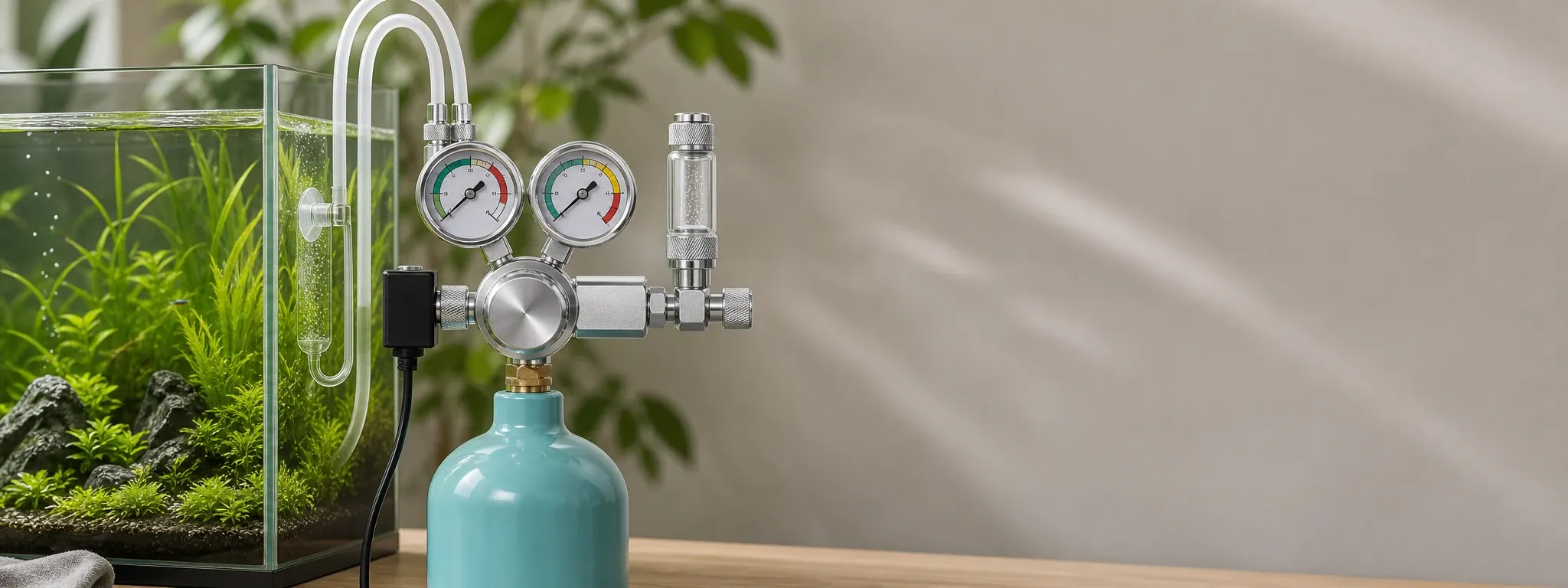 CO2 regulator with dual pressure dials and bubble counter attached to a teal CO2 cylinder next to a planted aquarium with green aquatic plants and rocks