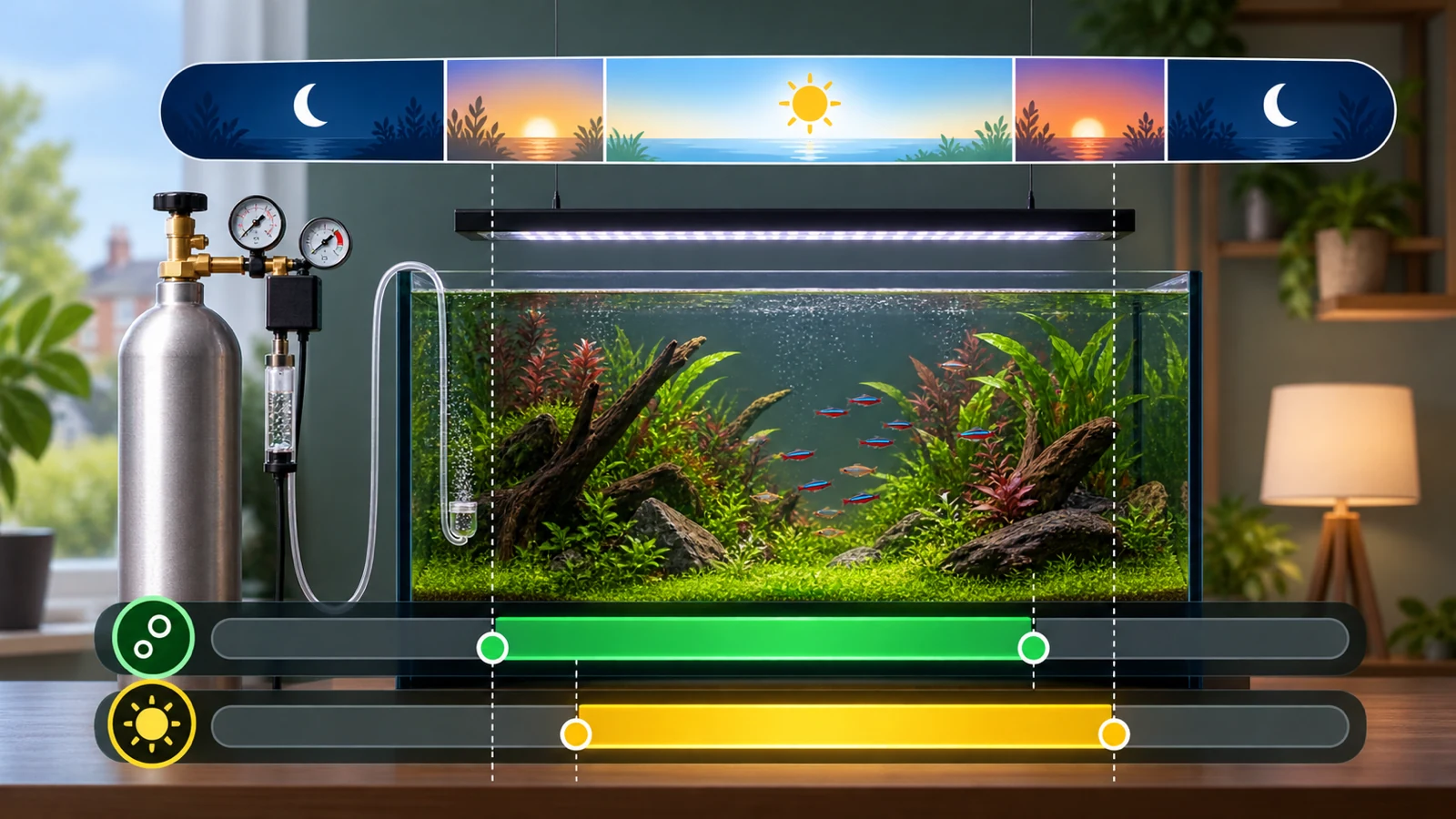 Timeline showing CO2 solenoid starting before aquarium lights and stopping before lights off