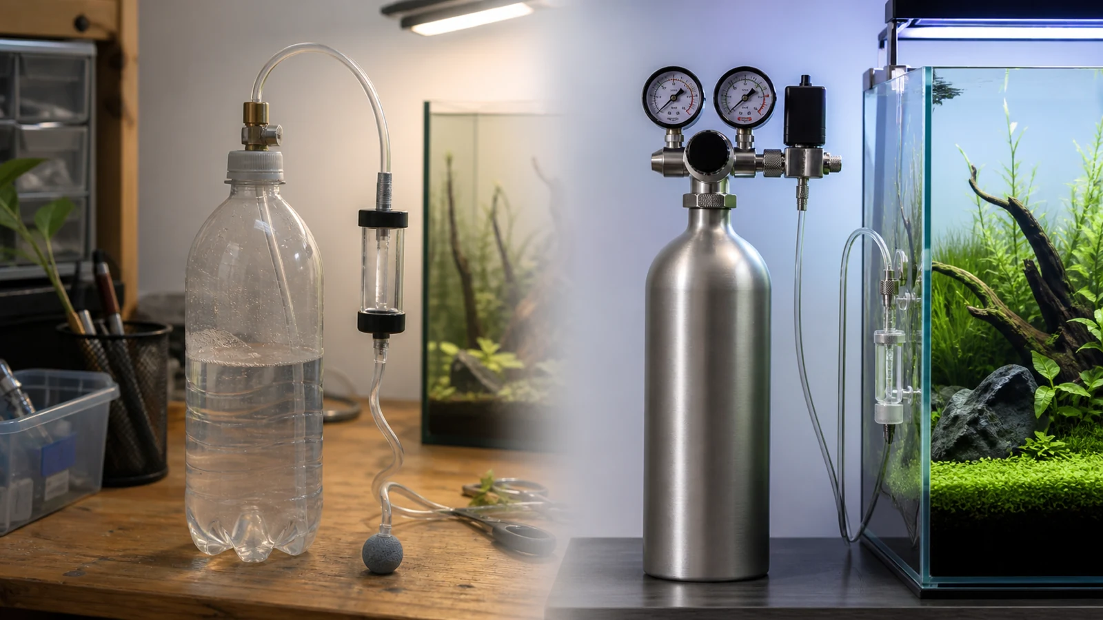 Comparison of DIY yeast CO2 bottle versus pressurised dual gauge aquarium regulator