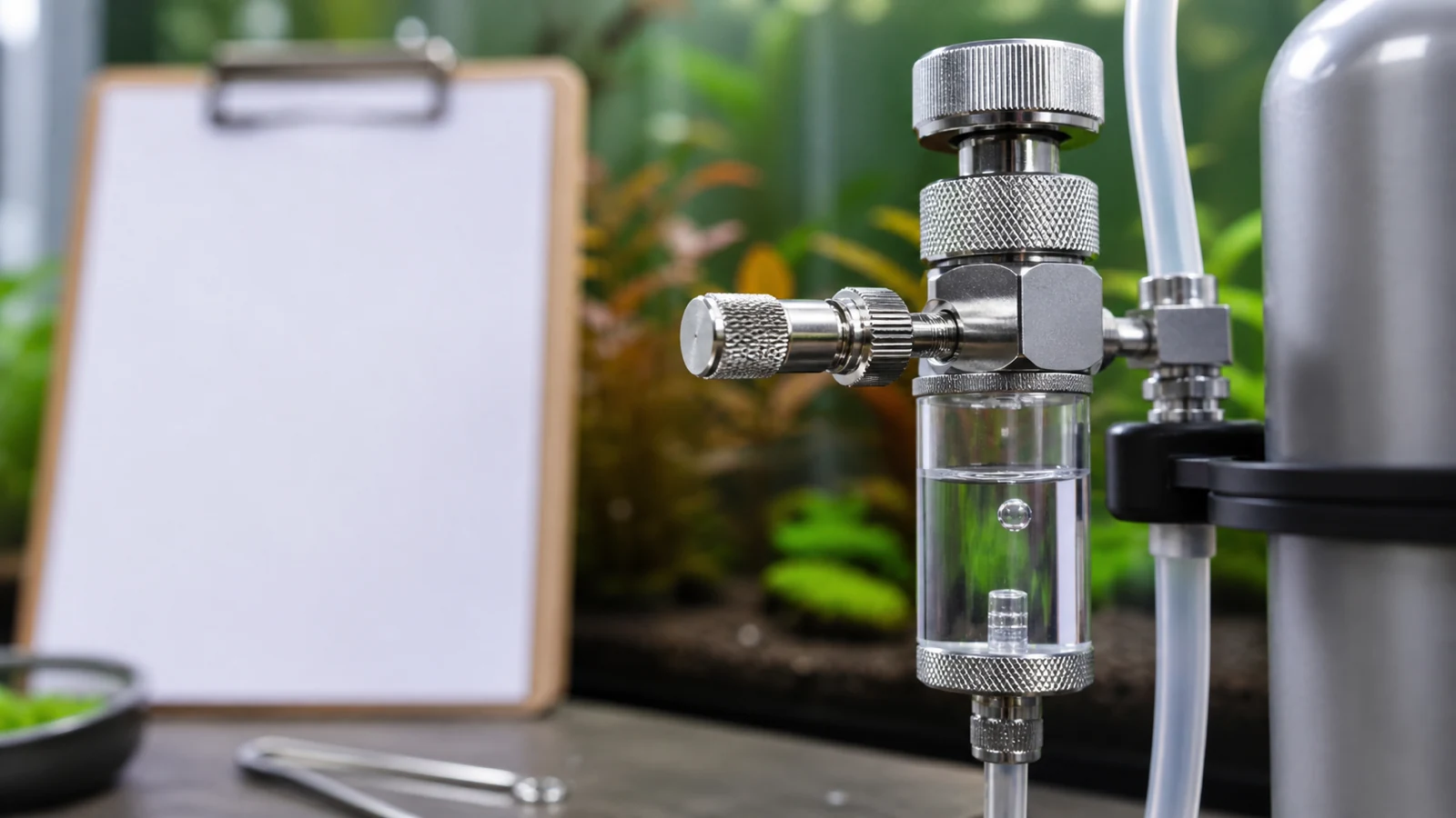 Close-up of aquarium CO2 needle valve and bubble counter being adjusted