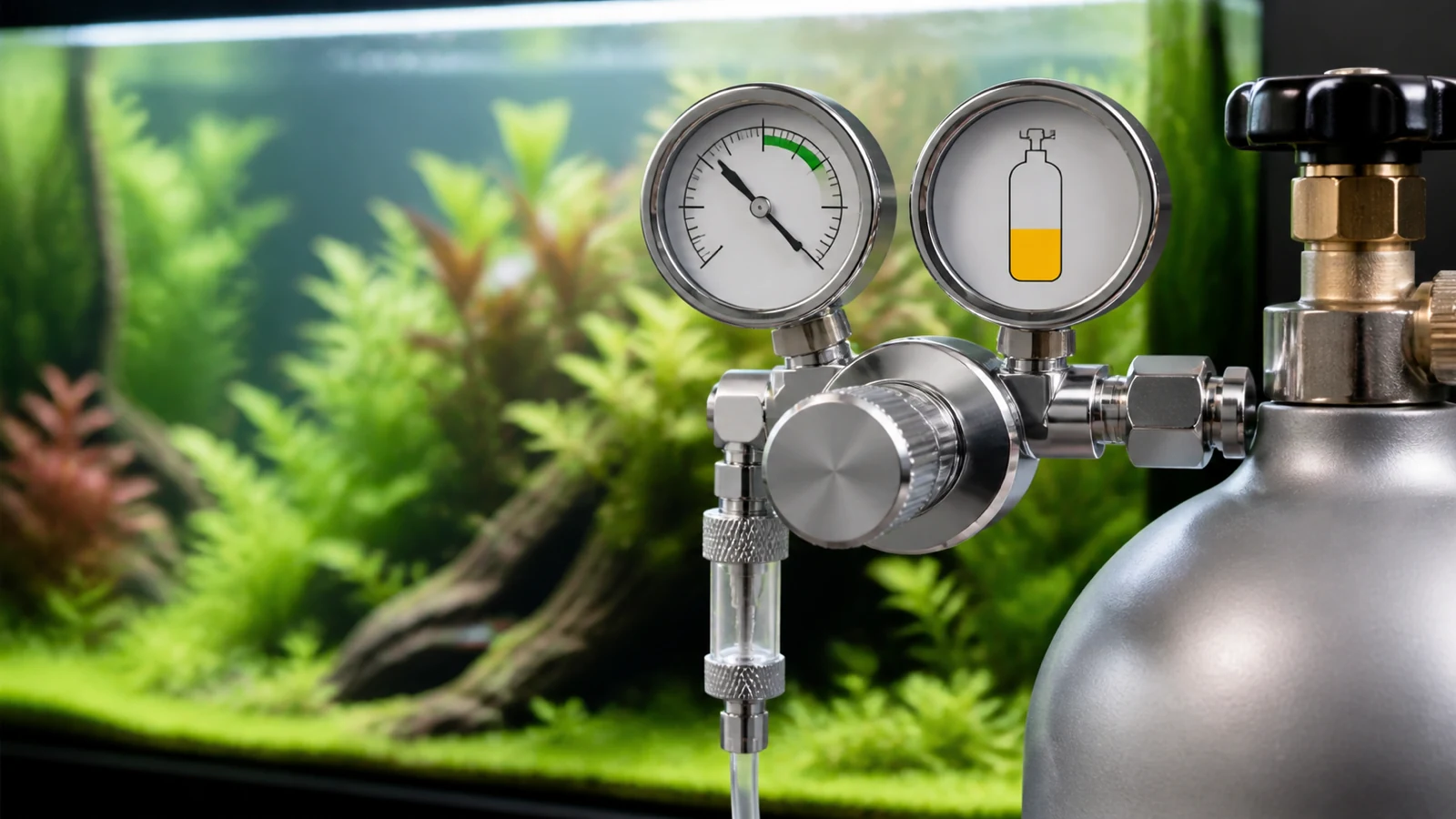 Dual gauges on a CO2 regulator showing stable working pressure as cylinder empties