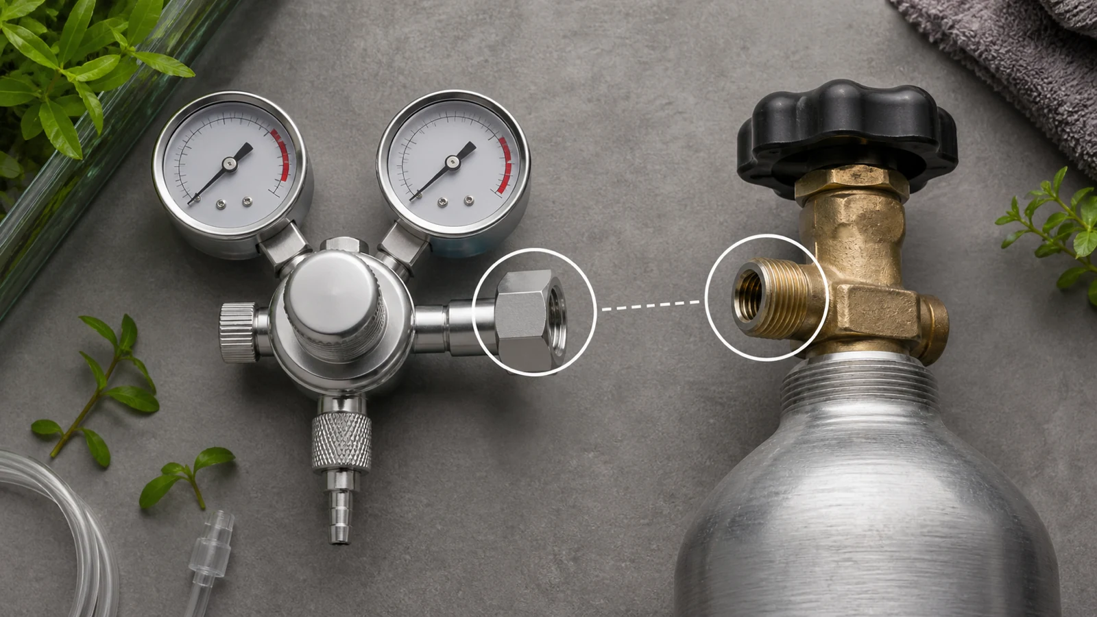 Dual gauge aquarium CO2 regulator next to a UK W21.8 cylinder thread label